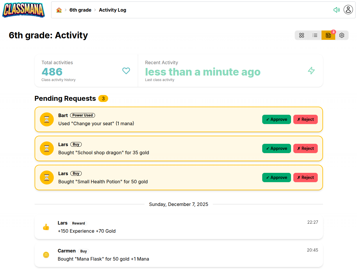 Stránka aktivit s čekajícími žádostmi