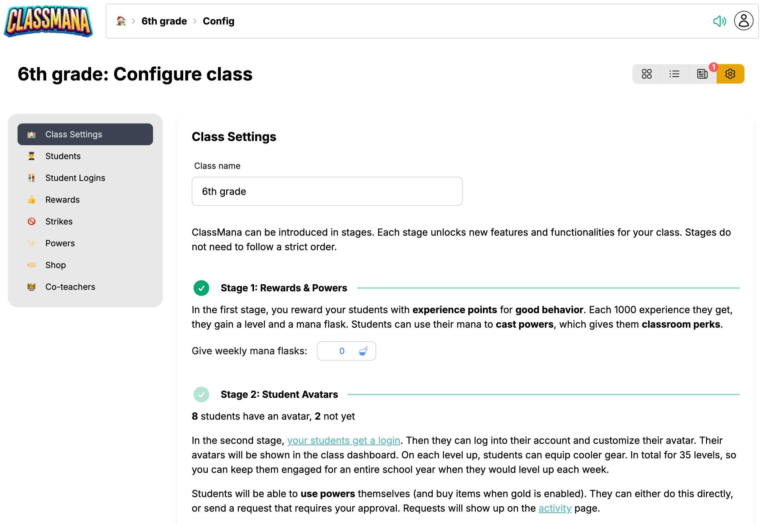 Obrazovka Nastavení třídy