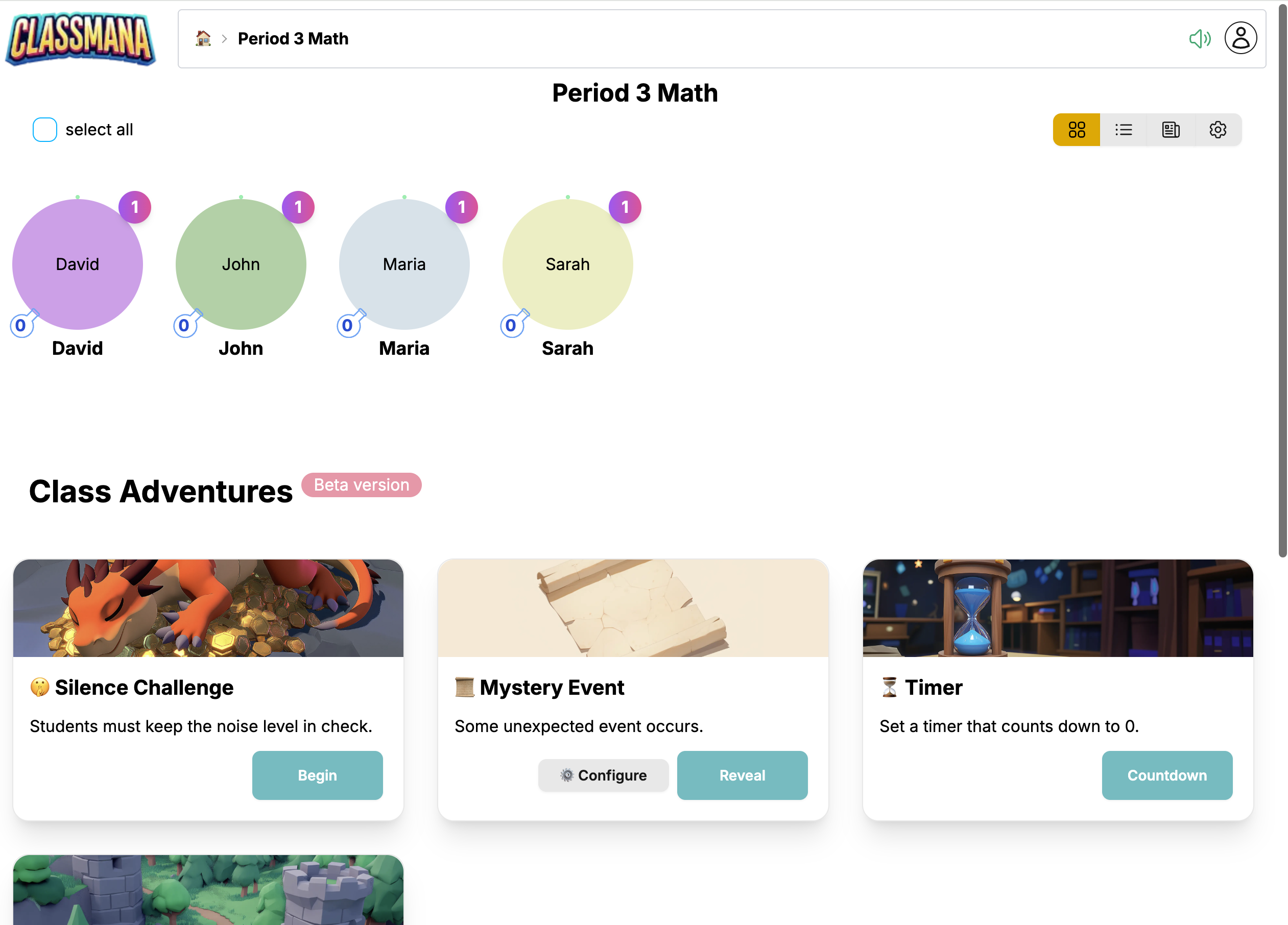 Dashboard třídy po nastavení