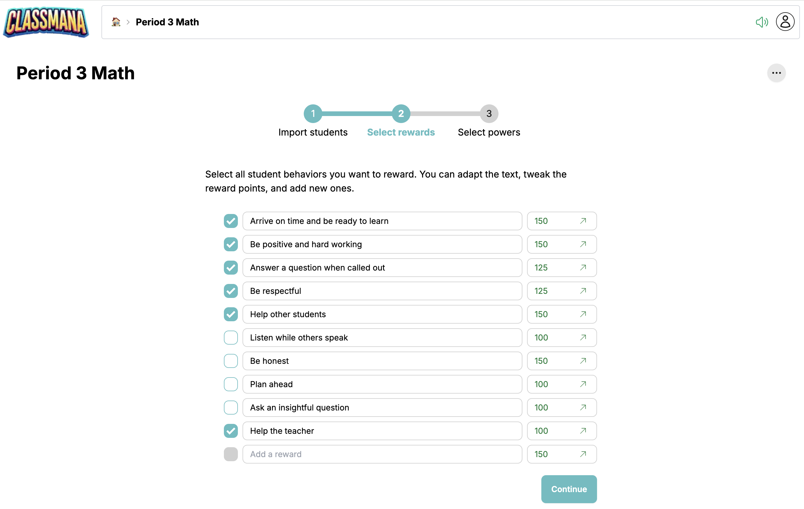Krok konfigurace odměn