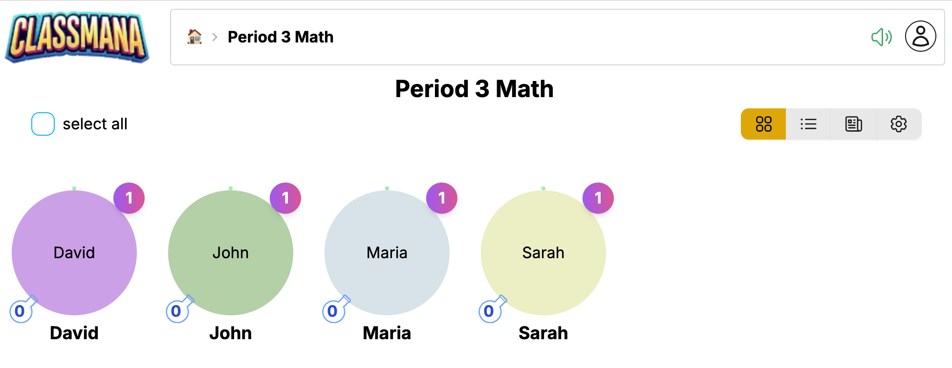 Zobrazení mřížky studentů